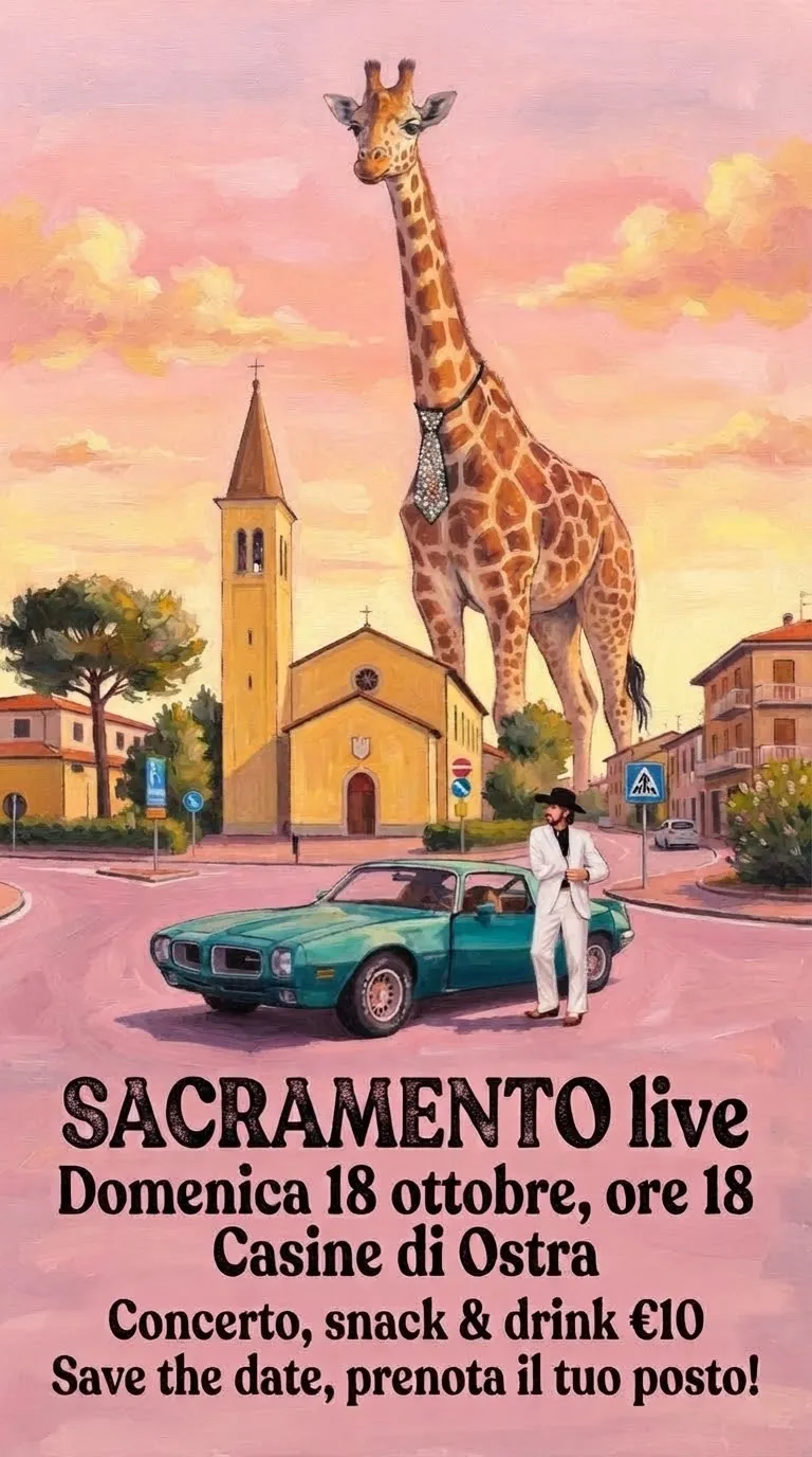 Sunset painting in shades of pink, with a giant giraffe in a sequinned tie next to a village church and a man in a white suit and cowboy hat by a green car.