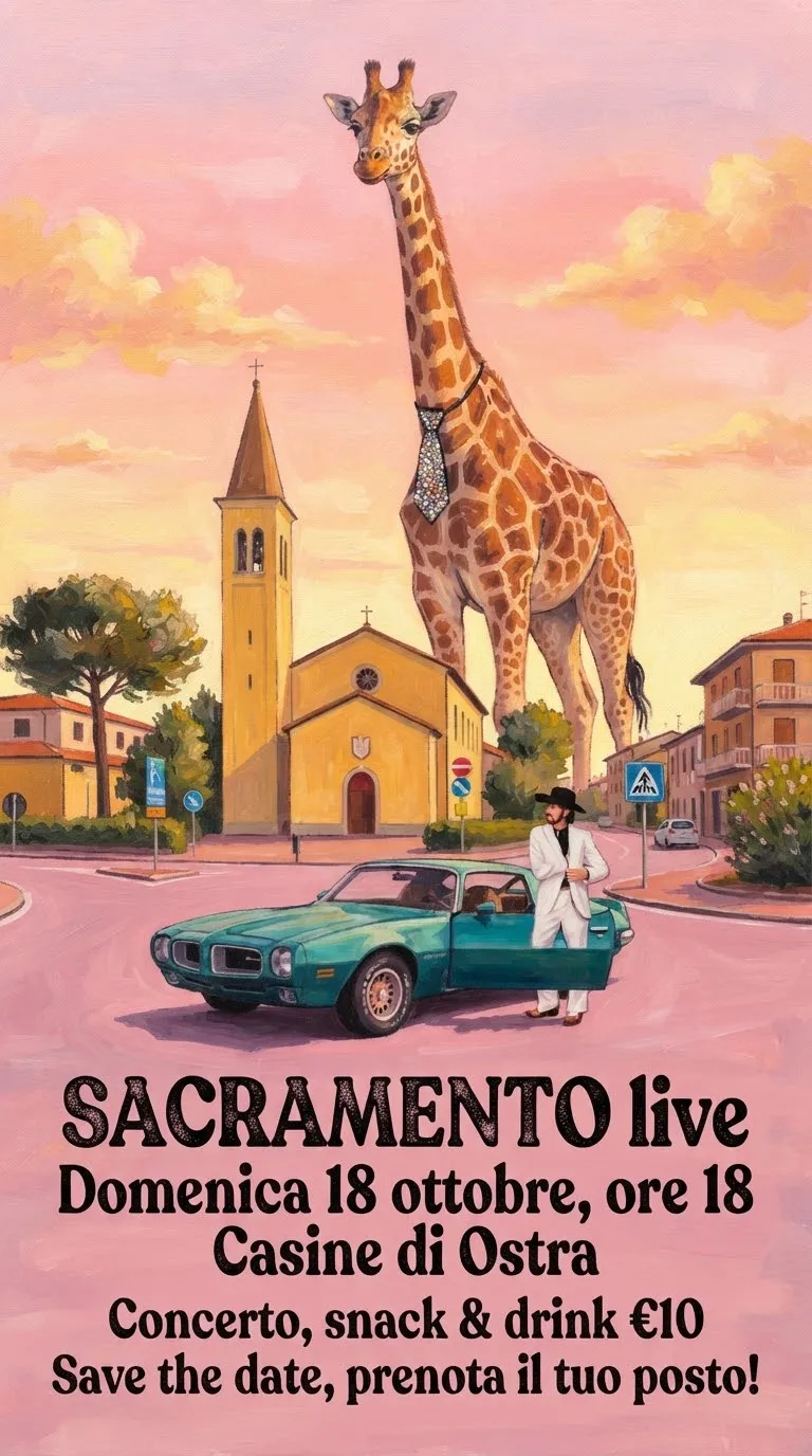 Dipinto al tramonto in toni rosa, con una giraffa gigante con la cravatta di brillantini accanto a una chiesa di paese e un uomo vestito di bianco con il cappello da cowboy vicino a un'auto verde.